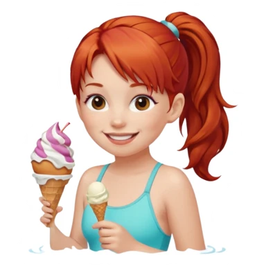 girl kid red haired swimsuit, eating ice cream, ponytail sticker