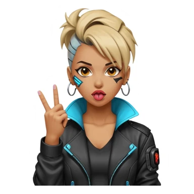 Woman with her tongue out in cyberpunk clothing and giving the middle finger. Looking naughty. sticker