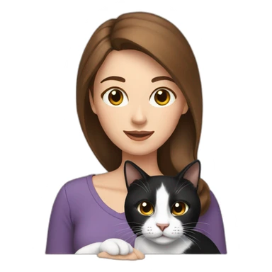 woman with brown hair holding a black and white cat sticker