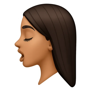 Create a side view (profile) of this woman's head in the normal iPhone emoji style, with closed eyes, long eyelashes, an open mouth, smooth shading, no outlines, and long dark hair. This is variant 4. The style should mimic the iPhone emoji style with smooth shading and no outlines. sticker