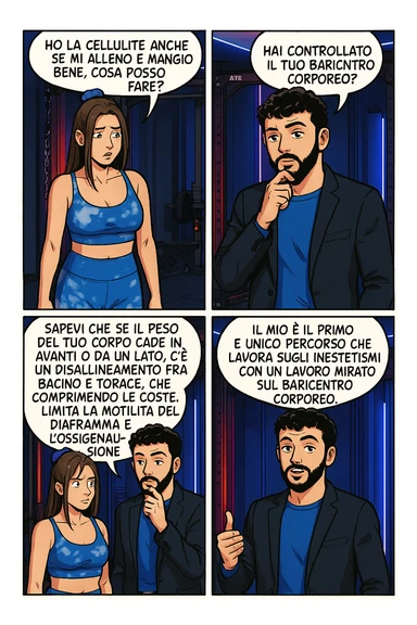 TRASFORMA QUESTO CAROSELLO IN UN FUMETTO STILE MANGA A COLORI CON QUESTE DUE PERSONE IDENTICHE CHE INTERLOQUISCONO TRA LORO:

LEI: Ho la cellulite anche se mi alleno e mangio bene, cosa posso fare?

LUI: Hai controllato il tuo baricentro corporeo?
LUI: Sapevi che se il peso del tuo corpo cade in avanti o da un lato, c’è un disallineamento fra bacino e torace, che comprimendo le coste, limita la motilità del diaframma e l’ossigenazione dei tessuti?
LUI: Il mio è il primo e unico percorso che lavora sugli inestetismi con un lavoro mirato sul baricentro corporeo. sticker