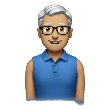 grey short hair middle age man, blue polo, black glasses sticker