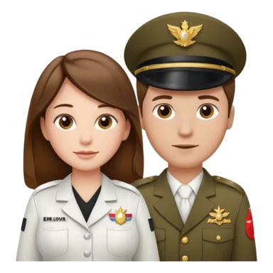 

"Woman with long brown hair and fair skin, pregnant, wearing a white cosmetologist uniform, and man with short brown hair and fair skin (without mustache), wearing a brown military uniform."

 sticker