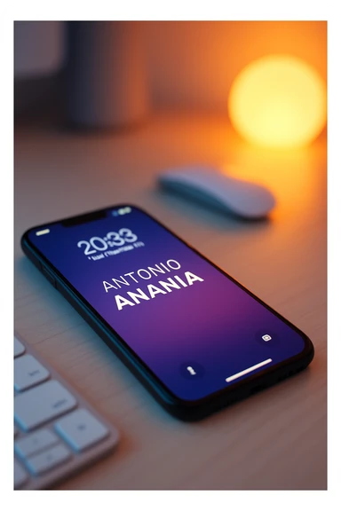 A photo of an iPhone on the desk with the message "Antonio Anania" on its screen, The phone sits atop a desk with a blurred background that suggests work environment. A faint glow from above casts gentle shadows across the surface of each object, creating depth and highlighting their textures sticker
