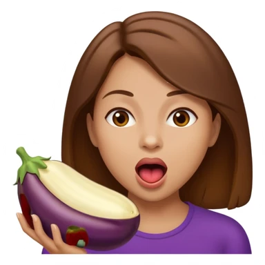 Brown hair light skin woman mouth open about to eat an eggplant sticker