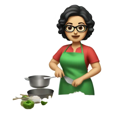chubby lady with black hair green apron  with glasses cooking tacos sticker