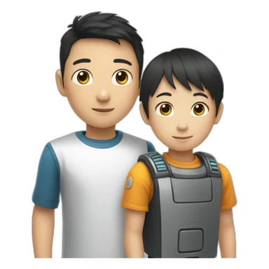 a AI robot and a asian kid boy, hand in hand sticker