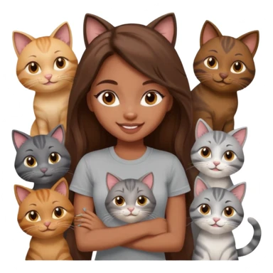 a pretty bratz dusky girl with long brown hair with six cats nd wearing a grey tshirt sticker