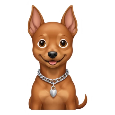 a pinscher dog sitting and smiling with a silver chain in the neck sticker