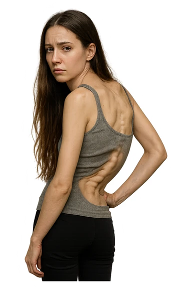 fai immagine identica ma di una donna con capelli lunghi, iperrealistico 4k, postura storta con spina dorsale storta sticker