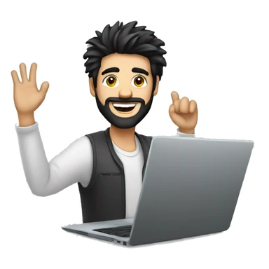 man with black hair, a beard and messy hair with a tapered fade working on a laptop waving hello sticker