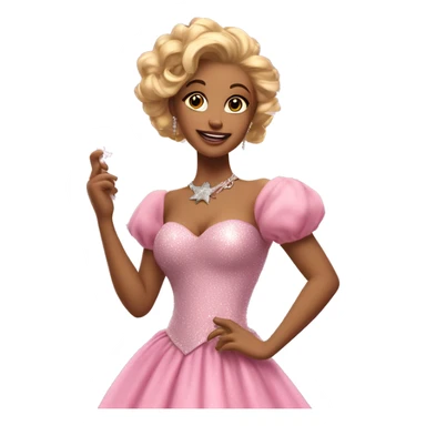An elegant woman with golden-blonde curls in an updo. Wearing a sparkling pink ball gown with puffed sleeves. She holds a silver star wand and has a kind, radiant expression. Embodying charm and magic. sticker