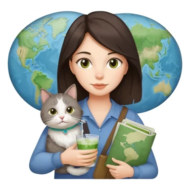a brunette woman in here 30S drinking an iced matcha, carrying a grey cat and a map of the world sticker