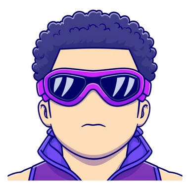 male athlete with white skin and moderately curly black hair on top with shaved sides, wearing ski goggles with purple frames and very dark black lenses, a simple plain black chain necklace, and an open shiny purple vest showing his chest and abs, no earrings sticker