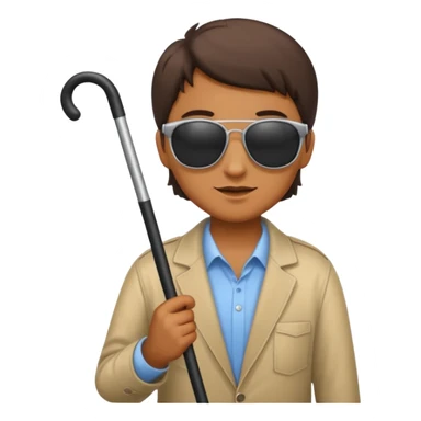 A blind person wearing sunglasses and holding a guide cane sticker