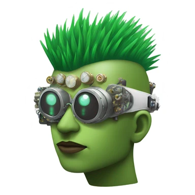 Green Mohawk hair male cyborg head with white steampunk goggles and circuits sticker