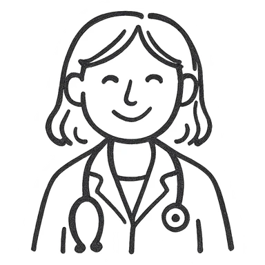 female doctor, hand-drawn doodle style, white coat, stethoscope, cheerful sticker
