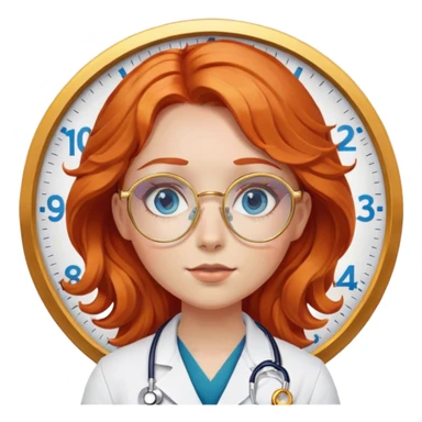 Girl doctor wavy orange red hair blue eyes in gold glasses , a clock nearby sticker
