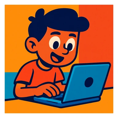 a boy using a laptop, vibrant cartoon style sticker