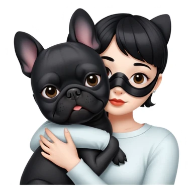 girl with short black straight bangs hair wearing a mask and hugging a black French bulldog sticker
