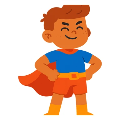 strong kid with superhero cape, confident pose, playful style, vibrant colors sticker