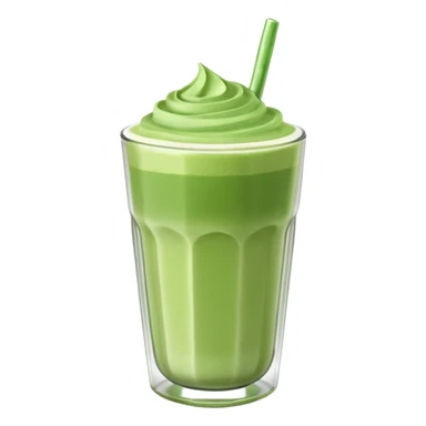 Emoji glossy 3D de un vaso de matcha latte, vaso de vidrio transparente con matcha espumoso verde pastel, capas suaves de leche y matcha, brillo intenso tipo sticker, sombras delicadas, fondo transparente, estilo cute moderno, alta calidad sticker