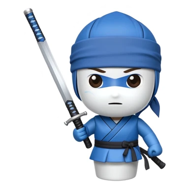 A cartoon to-go coffee cup with a blue ninja headband around the lid and holding a katana sword sticker