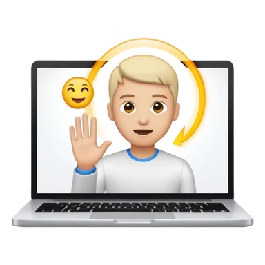 Online course, laptop screen with a person emerging teaching something. Lesson, video course, semi 3D emoji style sticker