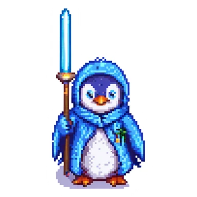 pixel art penguin wizard, blue robe, wand, retro video game style sticker
