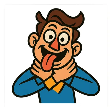 exaggerated slapstick person with crossed eyes, tongue out, hands on neck, comic style, playful and humorous sticker