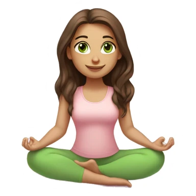 brunette long hair and green eyes yoga girl in light pink clothes sitting on a yoga mat sticker