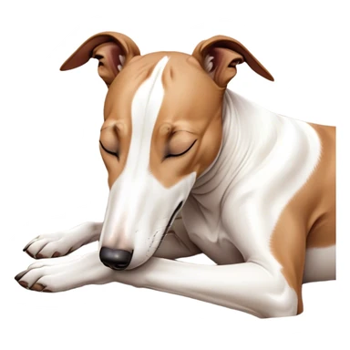 Meme-Worthy Cute Sleeping White and Brown Greyhound Portrait Emoji, Head resting peacefully with a contented smile, showcasing a lean, graceful build and a luxuriously smooth Fur of white with brown accents, eyes shut in a serene nap, Simplified yet hilariously adorable features, highly detailed, glowing with a soft, drowsy light, high shine, relaxed and utterly lovable, stylized with an air of playful laziness, bright and heartwarming, soft glowing outline, capturing the essence of a comically sleepy racer, so meme-worthy it feels like it could instantly become the next viral sensation of adorable slumber! sticker