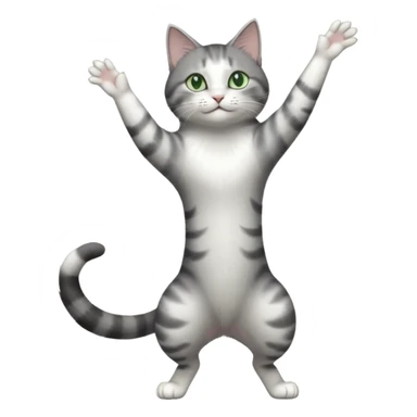grey and white cat with green eyes doing a big extremely long stretch reaching up into the air with arms and legs side by side together sticker