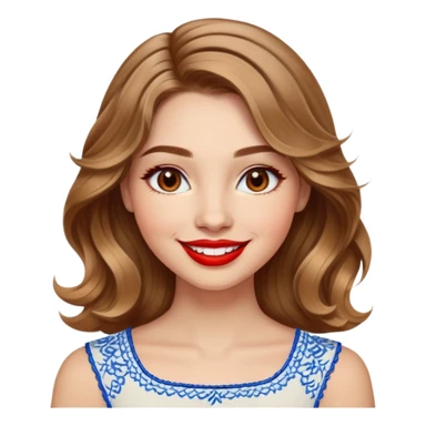 Cheerful woman with clear skin, round face, wide friendly smile, big light brown eyes, vibrant red lipstick, shoulder-length wavy dark blonde hair with light highlights, white top with blue embroidery and electric blue neckline sticker
