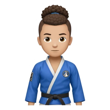 Mixed race boy BJJ instructor with pony tail afro hair and shaved bald sides haircut, Make the hair brown and the belt blue. Add the roger Gracie academy logo on the go also and the p logo of progress jiu jitsu on the right arm sleeve  at the top sticker