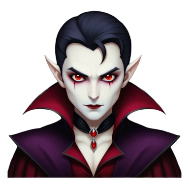 Cinematic Noble Vampire Portrait Emoji, Elegant and commanding, with a refined, pale visage framed by dark, velvet accents and a hint of crimson, exuding timeless seduction and dangerous allure, simplified yet exquisitely detailed, glowing with a soft nocturnal radiance and a subtle, mysterious outline that captures the regal spirit of an immortal lord of the night! sticker