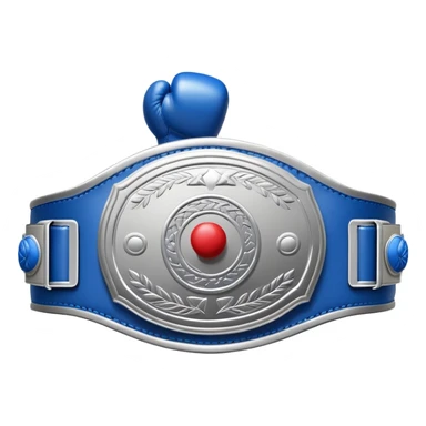 silver championship belt with a blue boxing glove in the middle sticker