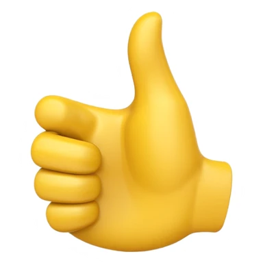 Apple-style 3D illustration of a single yellow emoji hand giving a thumbs up gesture, glossy and rounded, centered on a clean white background, soft shadow underneath, isolated and minimal design sticker