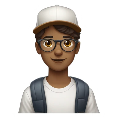 White hipster looking boy with short brown hair, large wire frame glasses, and a baseball cap on next to a Australian Shepard tri color sticker