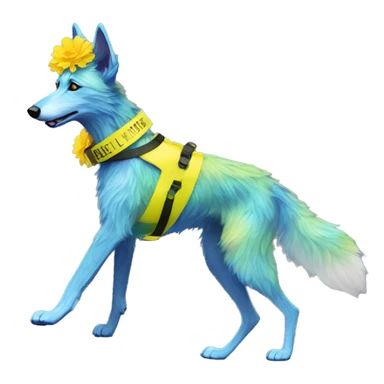  brindle fluffy lurcher fox running blue eyes fluffy ears and iridescent holographic oilslick harness wearing paper flower crown yellow caution tape neon sign sticker