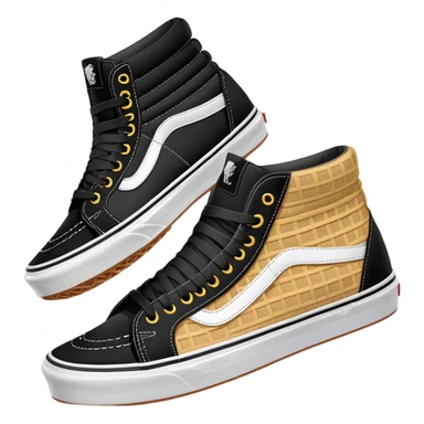 A pair of black Vans Sk8-Hi sneakers arranged with one shoe positioned behind the other, high-top skate shoes with white side stripe and waffle soles sticker