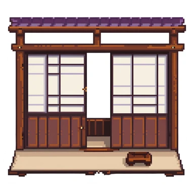 traditional Japanese house with wooden structure, sliding shoji doors, and tatami mat flooring sticker