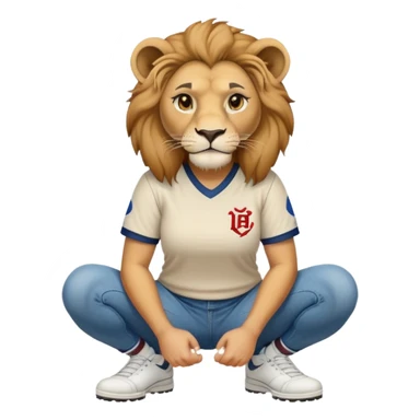 confident anthropomorphised female lion wearing a baseball shirt, jeans, trainers, squatting, empty hands sticker