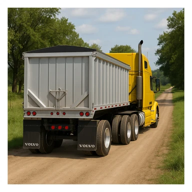 long silver end dump trailer hooked to a Volvo yellow semi sleeper truck, both in normal driving position, photorealistic rear view, daytime country scene with trees, grass, and a dirt road, truck driving away sticker