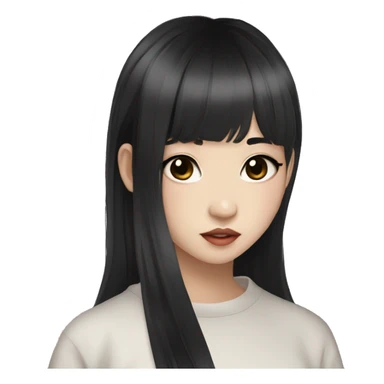 Korean girl, black hair, black eyes, layered hair, cool girl, aesthetic, long hair, hime cut, blunt bangs, small silver hoop earrings sticker