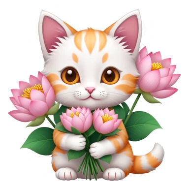 Kitten holding a bouquet of lotus flowers sticker