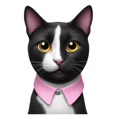 Black and white cat with a black nose and pink collar sticker