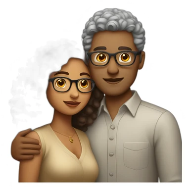 Indian woman with curly hair hugging a « tall white man wearing glasses » sticker