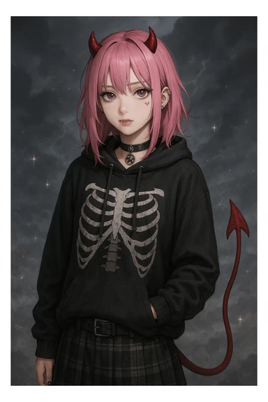 Transform the character into a devilish version with small red horns, a pointed tail, and subtle fangs. Keep the heart tattoo under her left eye, modern streetwear outfit, emo style, pink hair, dark magical accessory, sparkles, stormy background, and normal face. Render in a realistic anime style. sticker