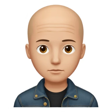  a young man with bald head, black jeans jacket, plain forehead sticker
